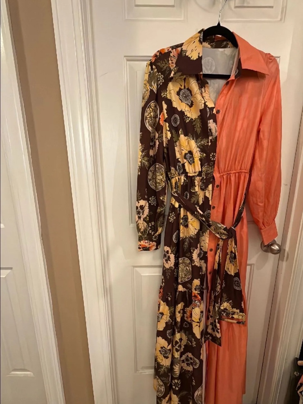 Two-Tone Floral & Solid Orange Maxi Shirt Dress
